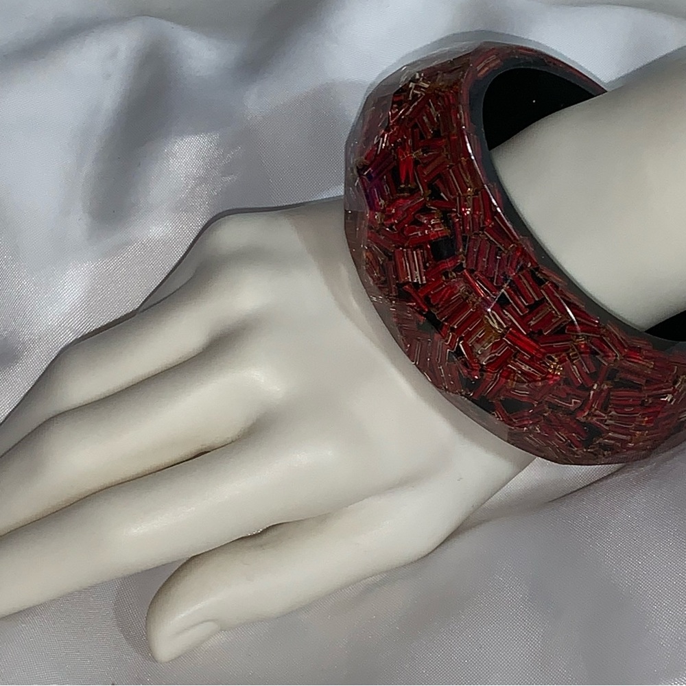 vintage MARC LABAT PARIS red glass seed bead LACQUER resin CUFF BRACELET